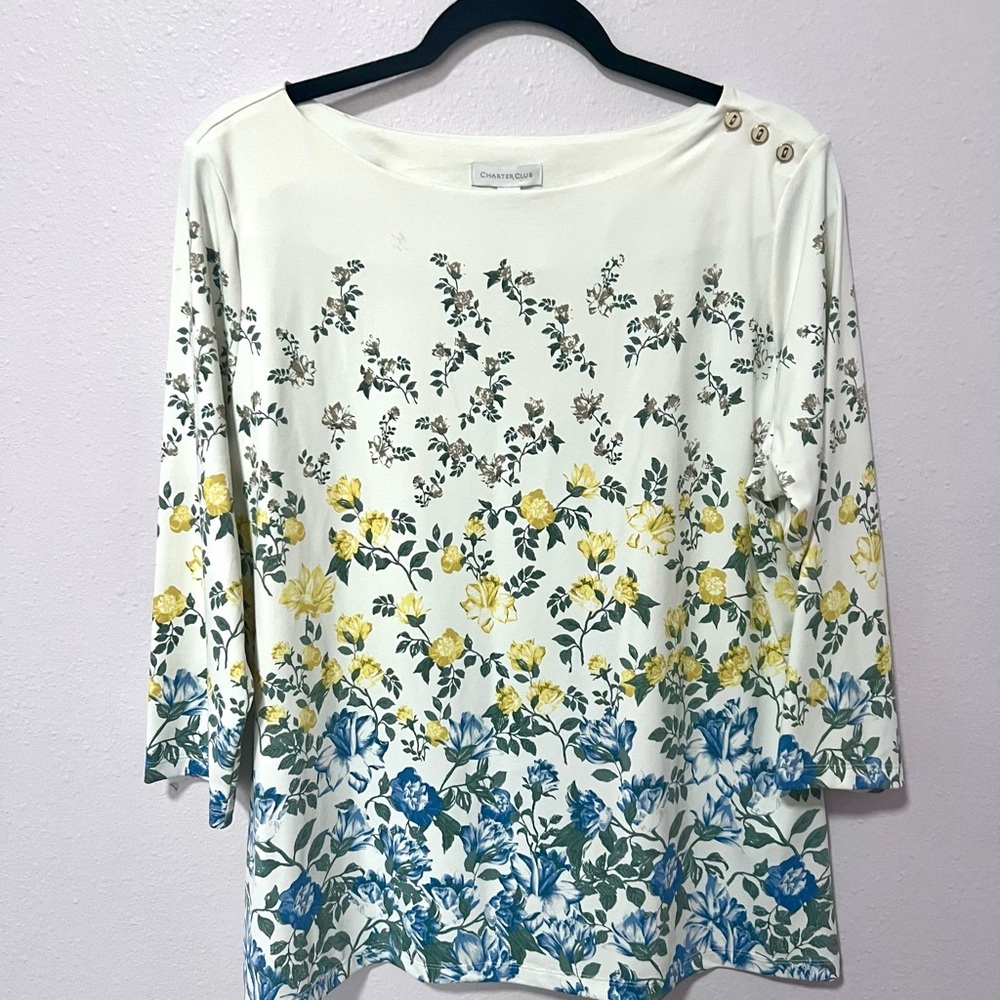 NEW Charterโ Club White and Yellow Boxy Blouse liquid texture LARGE